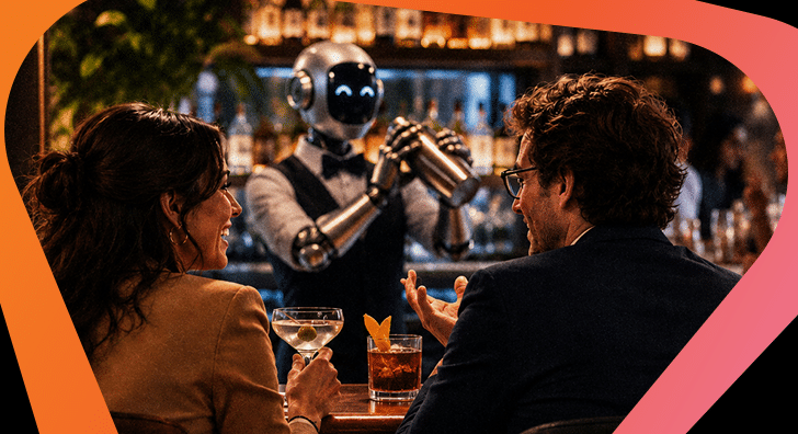 a couple at a bar tended by a robot, presumably an AI agent
